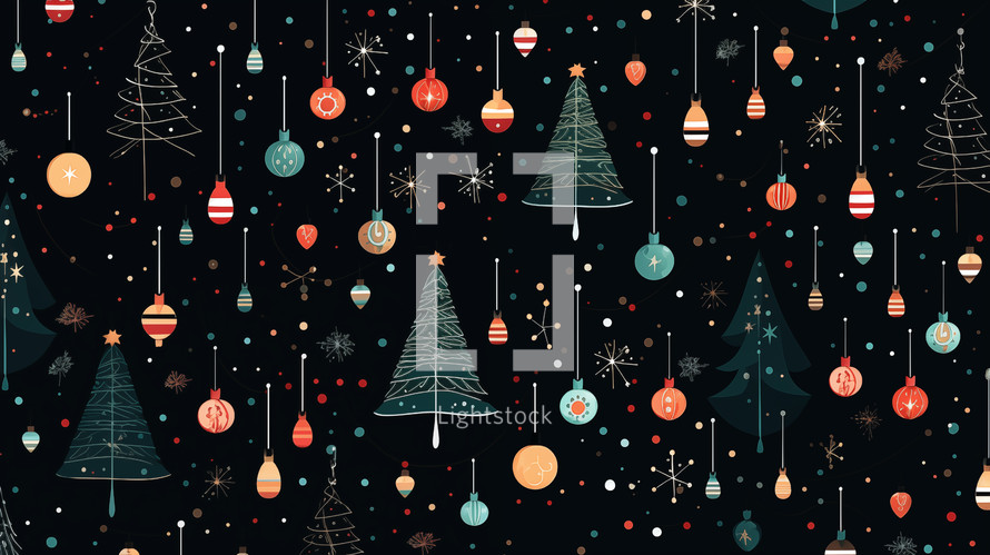 Christmas holiday ornaments and trees background. 
