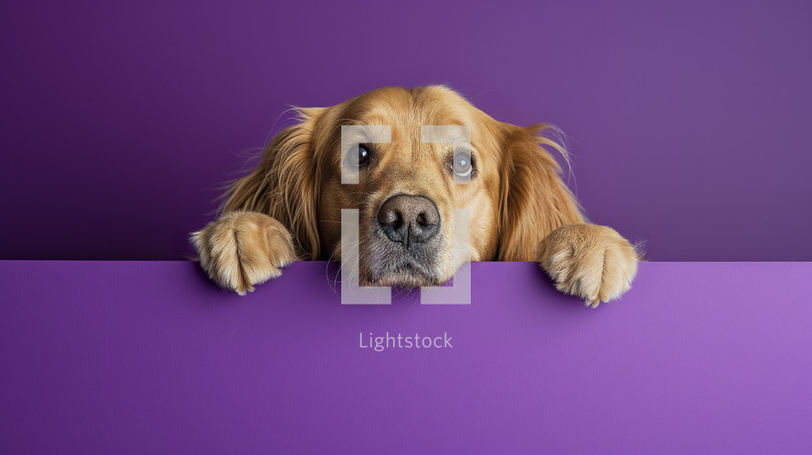 Adorable golden retriever peeking over a purple surface with a curious and endearing expression.
