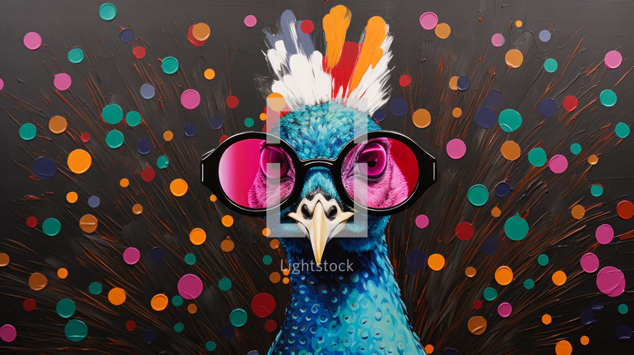 Portrait of a beautiful peacock wearing sunglasses, standing against a vibrant backdrop of oversized dots looking in camera.