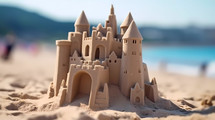 Sand castle on the beach near the sea in Summer. AI Generative