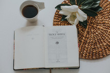 magnolia flower and open Bible 
