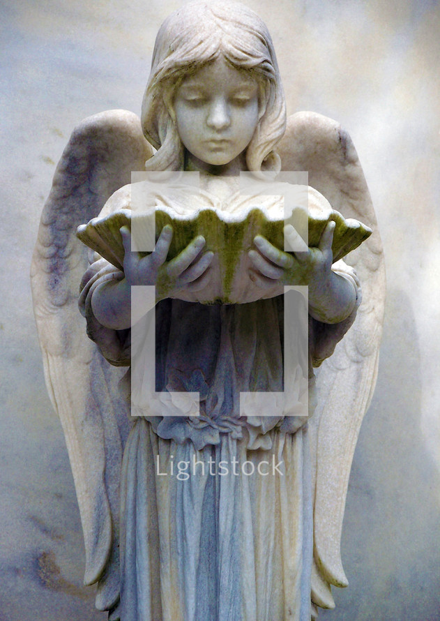 angel statue with bird bath in her hand in the shape of an oyster shell. 