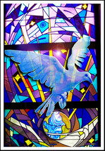 A multi colored beautiful stained glass window featuring a white Dove over the Earth. A beautiful portrait of a white Dove on a white and blue stained glass window with purple, gold and lavender colors . The dove is often used to display the personality and presence of the Holy Spirit as mentioned in Luke 3:22 when Jesus was baptized. "And the Holy Spirit descended on him in bodily form like a dove. And a voice came from heaven: "You are my Son, whom I love; with you I am well pleased."
