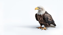 A bald eagle sitting on the ground against a white background looking up
