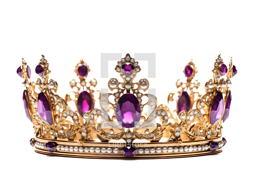 A Beautiful Tiara Crown with Purple Stones Isolated on a White Background