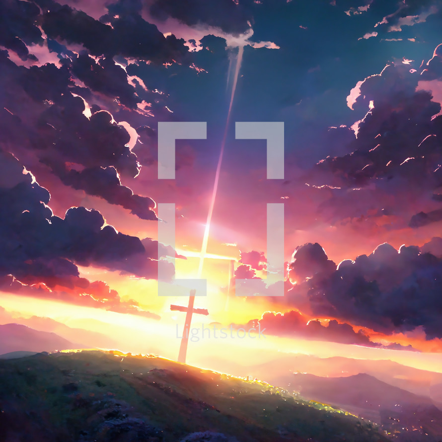 Light radiating on a cross on a hill