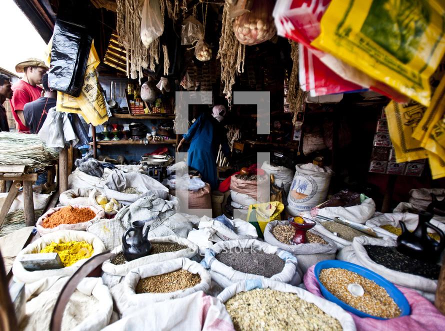 Bags of different seed, spices and herbs at a small market in Ethiopia