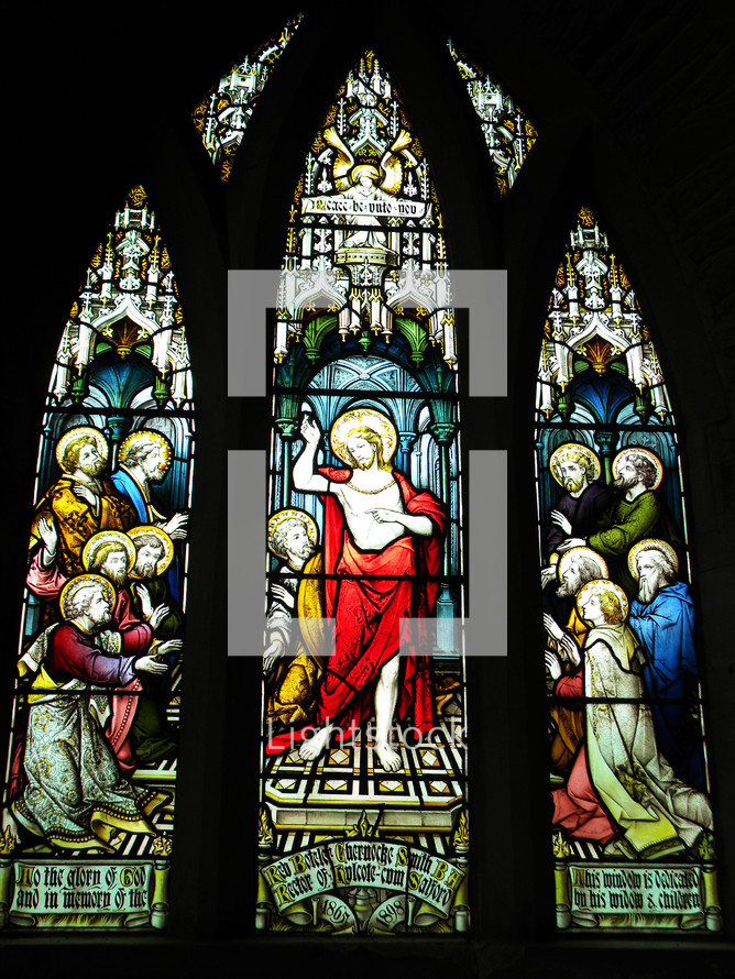 stained glass windows of Jesus and the disciples 