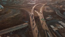 Drone Aerials of evening traffic near a busy downtown area