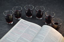 communion wine cups and open Bible 