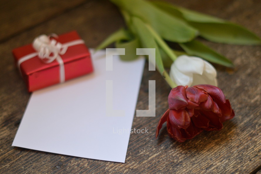 A little present with a blank piece of paper and a red and a white tulip. 