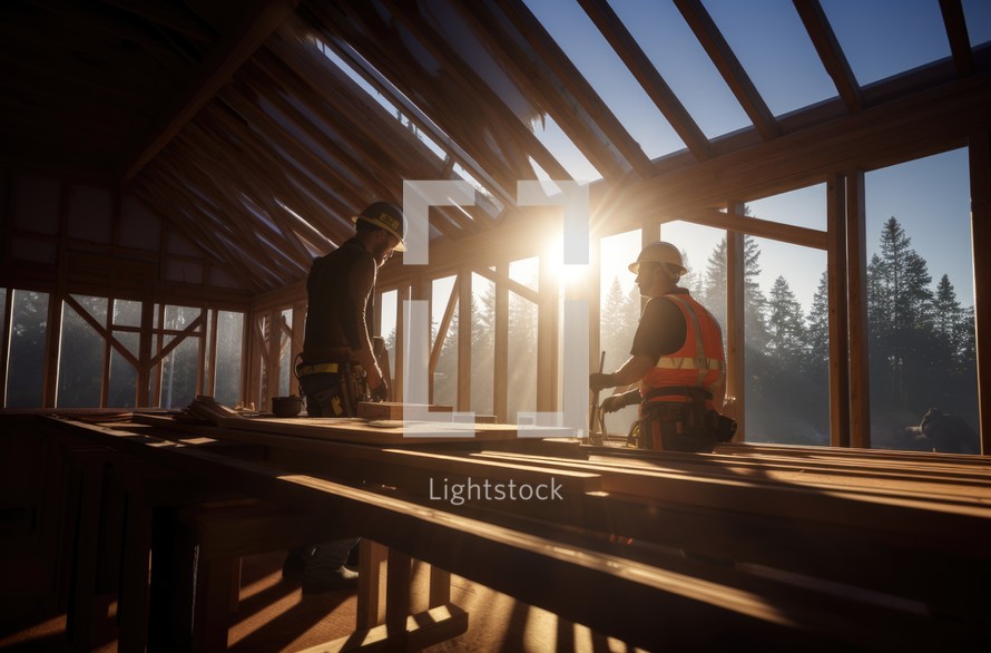Workers working on the construction of a wooden house