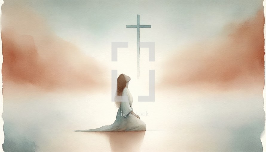 Young woman kneeling and looking at the cross. Digital watercolor painting.