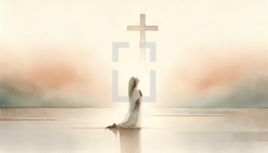 Mary kneeling and looking at the cross in the sky. Digital watercolor painting.