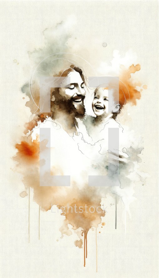 Portrait of Jesus Christ holding a baby, smiling. Digital watercolor painting.