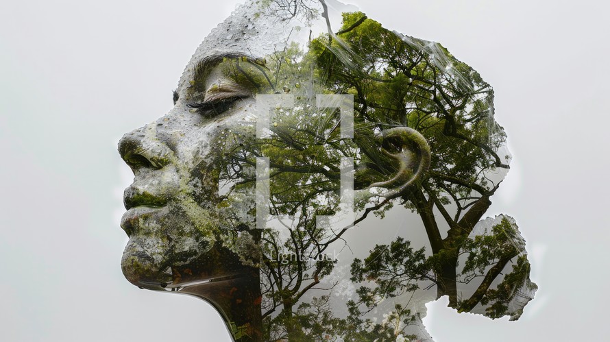 Environmental awareness. Double exposure portrait of the head of a woman and trees.