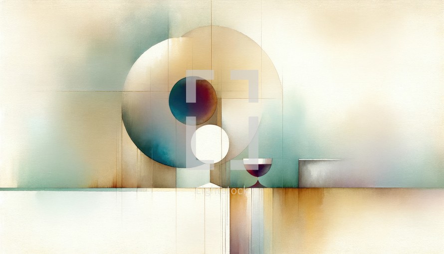 Eucharistic symbols. Lord's supper symbols: Abstract background with wine and bread on table. Digital watercolor painting.
