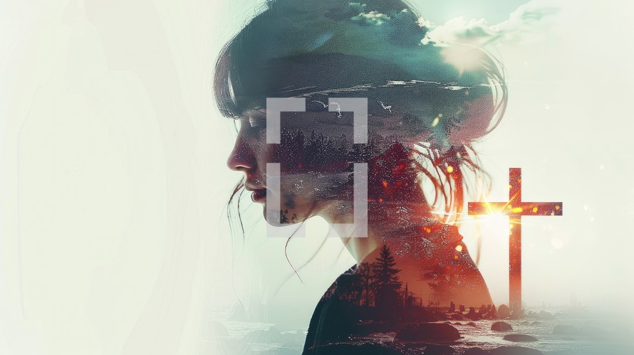 Double exposure portrait of a woman with forest and lake landscape with trees and cross against foggy background.