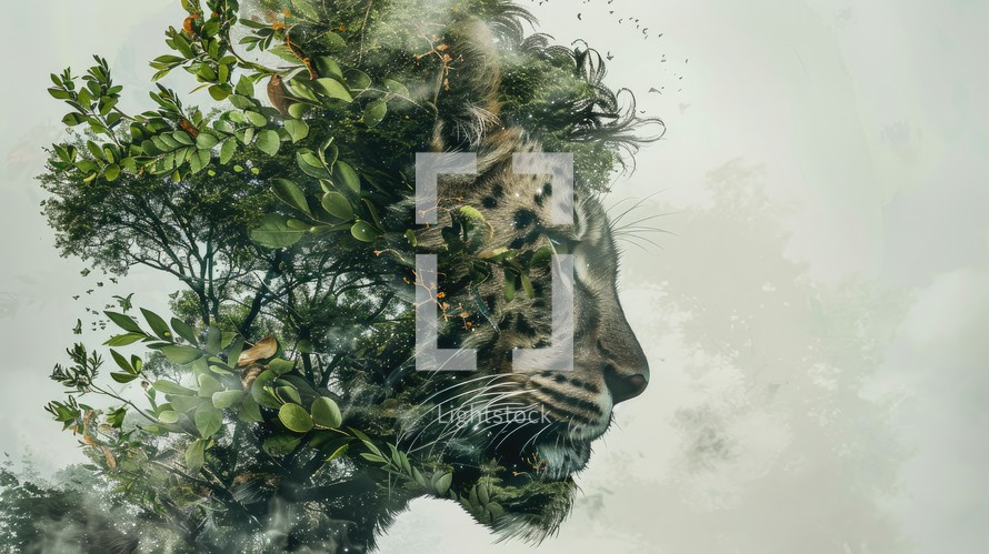 Environmental awareness. Digital painting of a leopard in a green forest, double exposure.