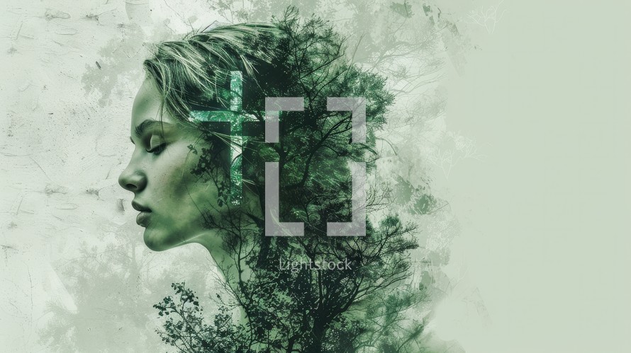 Double exposure portrait of young woman with cross and forest in her head. Christian concept.
