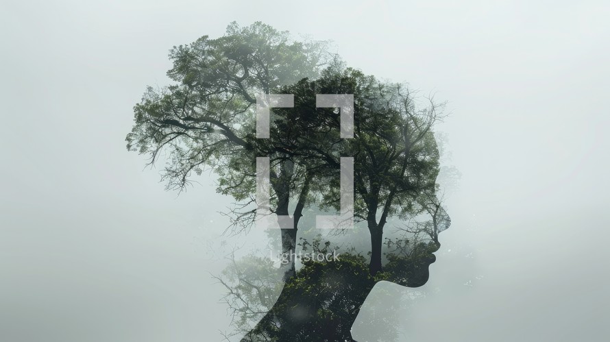Environmental awareness. Double exposure of tree and human face in foggy forest background.