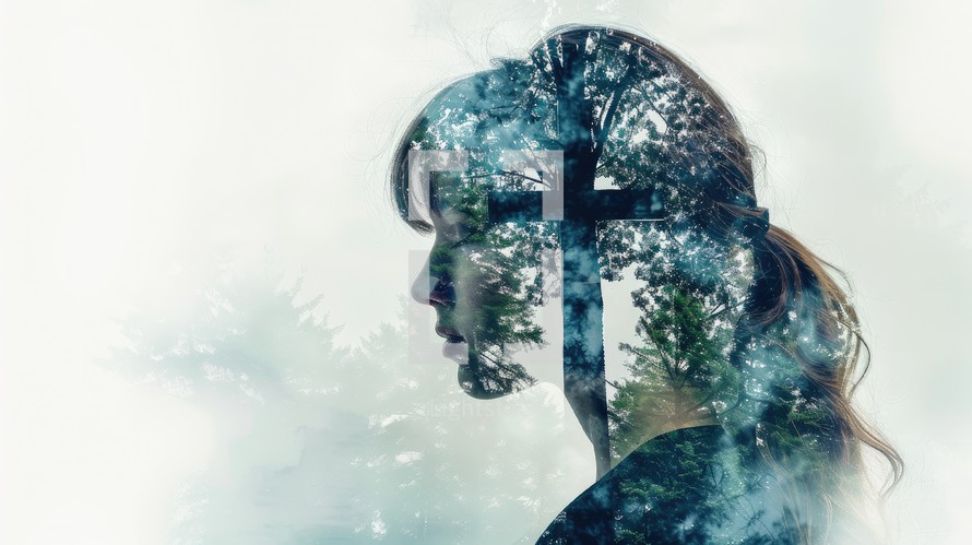 Double exposure of woman and cross in the forest. Conceptual image.