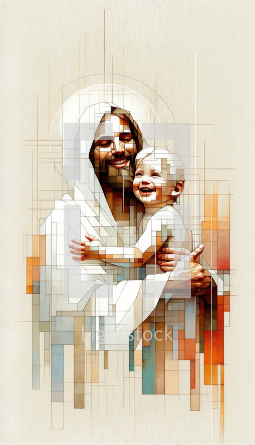 Hand drawn illustration of Jesus Christ holding a baby, smiling on a composite abstract lines background. Digital illustration.