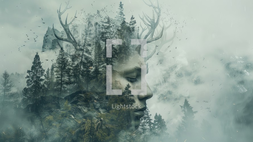  Double exposure portrait of female face with antlers in the foggy forest.