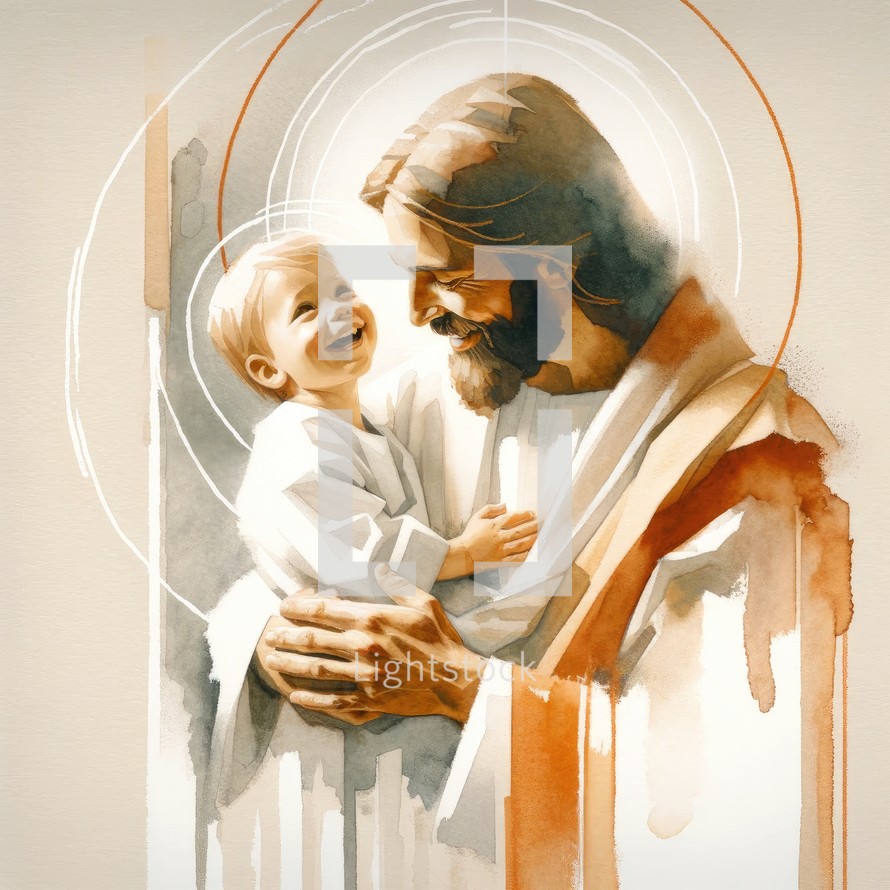 Happy Jesus Christ with a kid. Digital watercolor painting