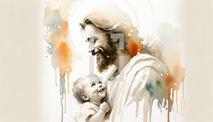 Digital painting of Jesus Christ with a child in his arms.