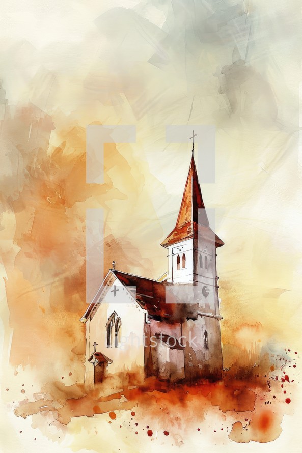 Watercolor illustration of a church on a background of watercolor stains.