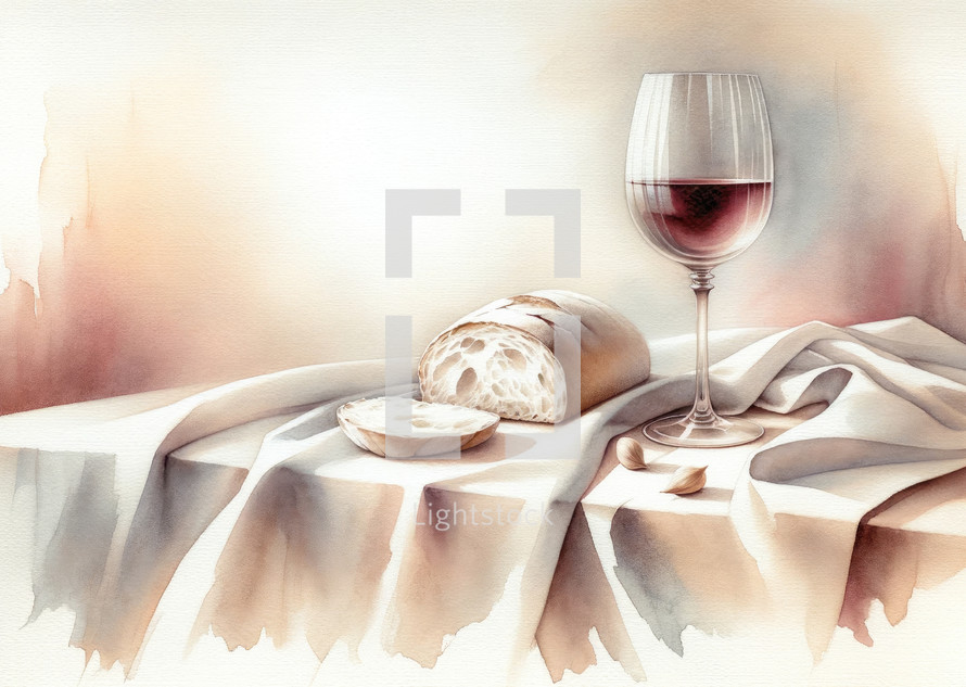 Eucharistic symbols. Lord's supper symbols: chalice of wine, bread on a table. Digital watercolor painting.