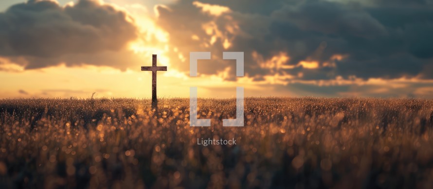 Christian Cross on a field at sunset