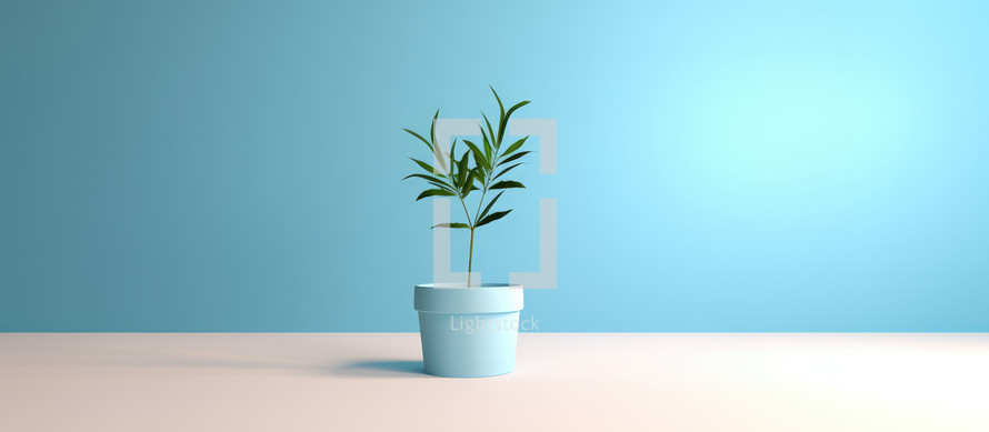 Green little plant in a pot on a blue background