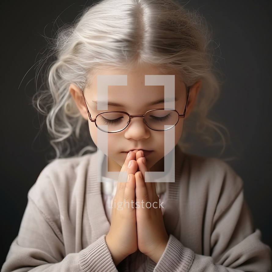 Young girl with glasses in prayer against a dark background, hands clasped, deeply engrossed