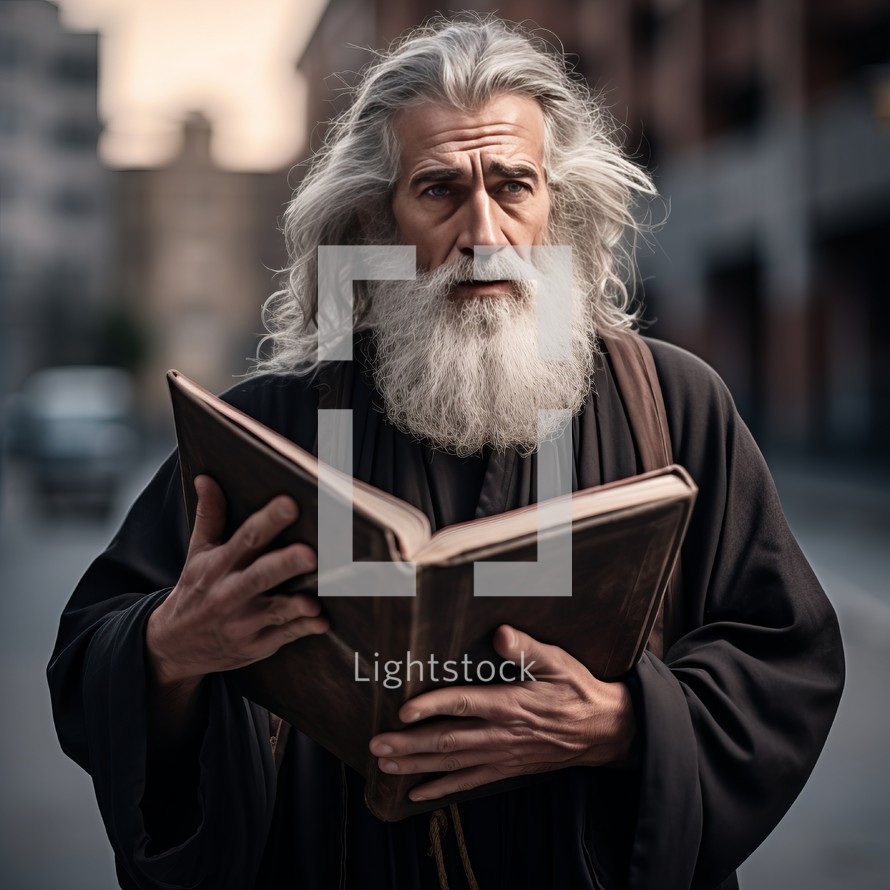 A monk with a long beard is deeply engrossed in reading the Bible while standing on the street, his weathered features expressing age and depth
