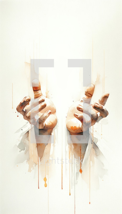 Sacred Scars: The Stigmata of Christ. Hands of a man with blood on a white background. Digital watercolor painting.