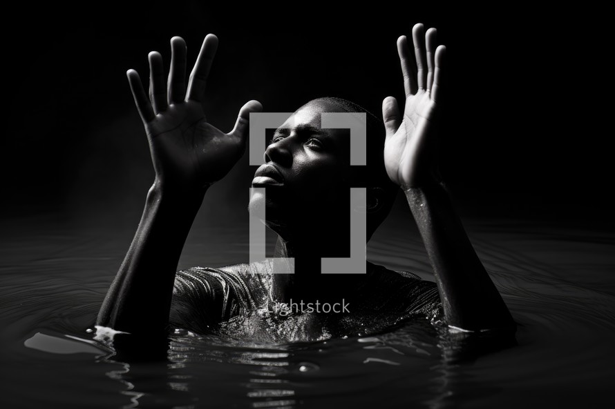 Baptism. Handsome black man in worship in the water. Close-up