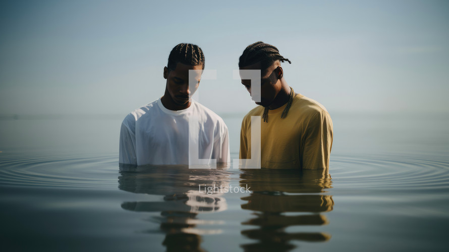 Baptism. Portrait of two black men in prayer in the water