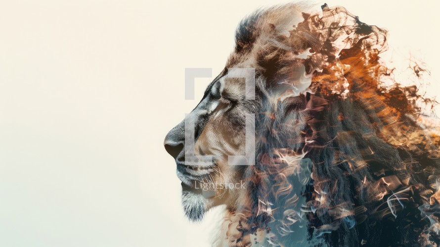 Double exposure of a lion with fire and smoke on a white background.