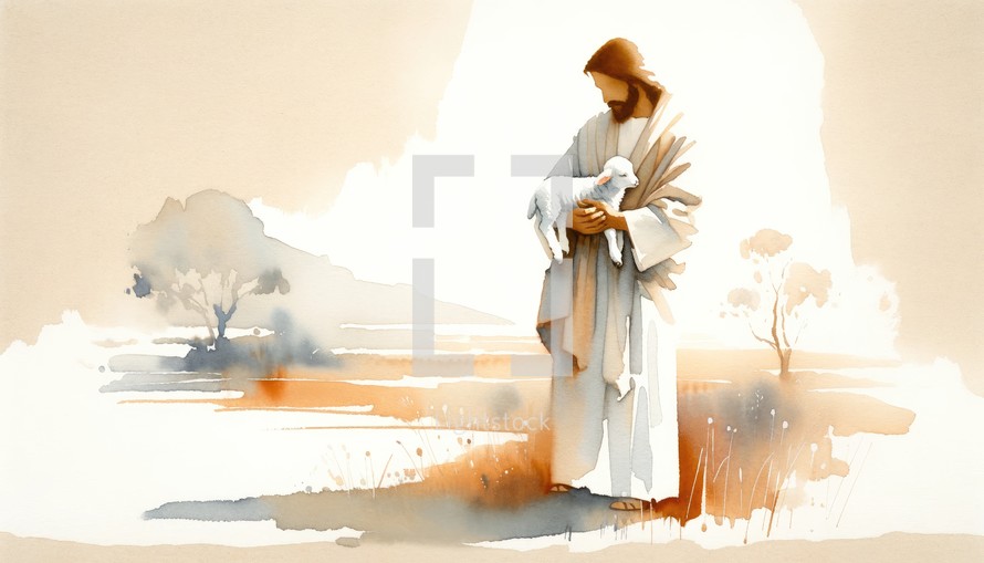  Illustration of Jesus Christ holding a lamb. Digital watercolor landscape.