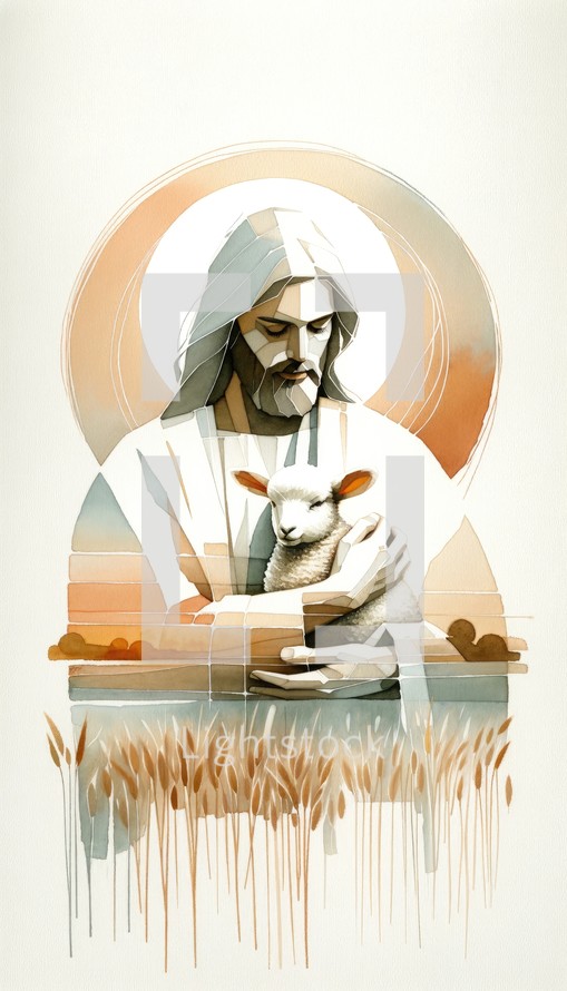Jesus Christ holding a lamb. Double exposure with a lake in background.