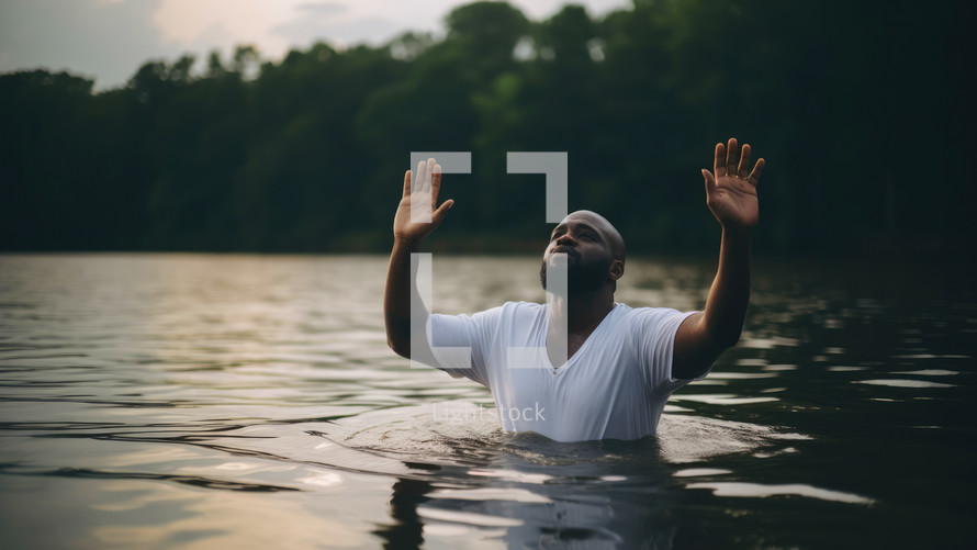 Baptism. Handsome black man in a white t-shirt in worship in the lake at sunset