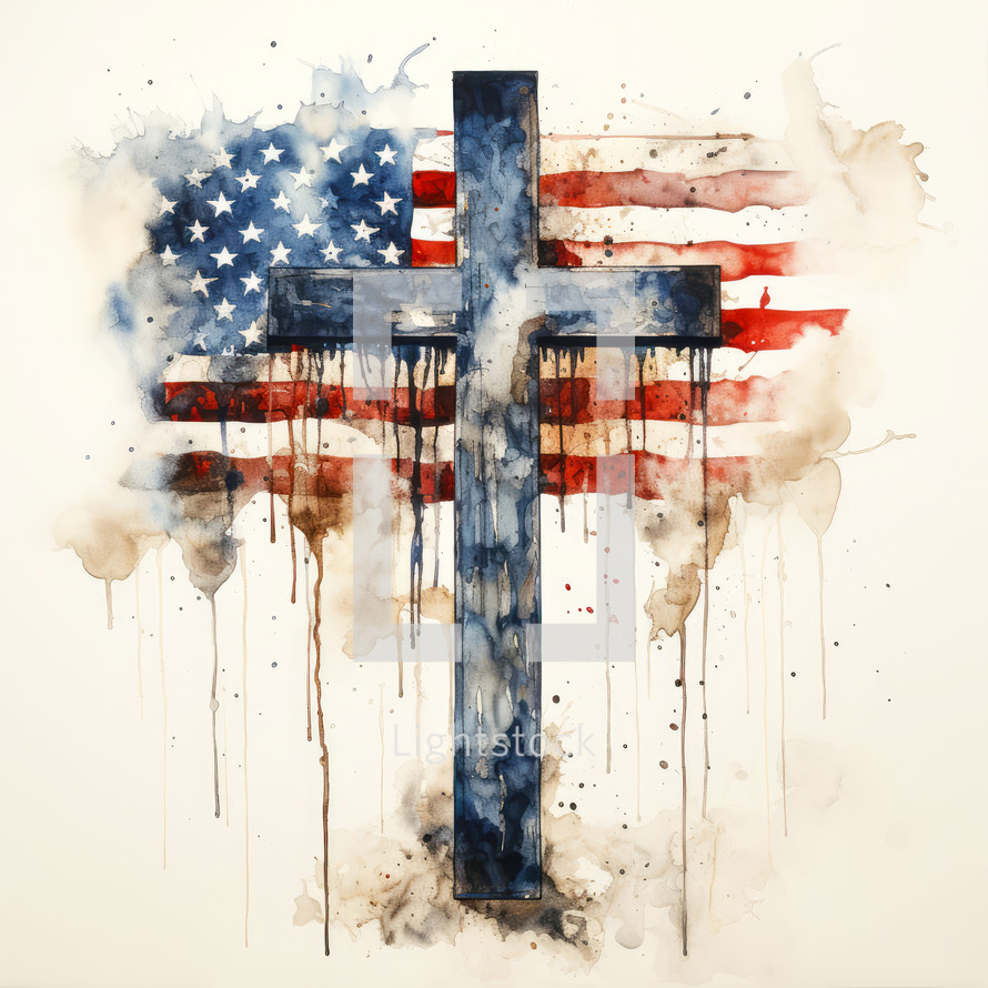 American flag and cross with watercolor splashes. Christian symbols.