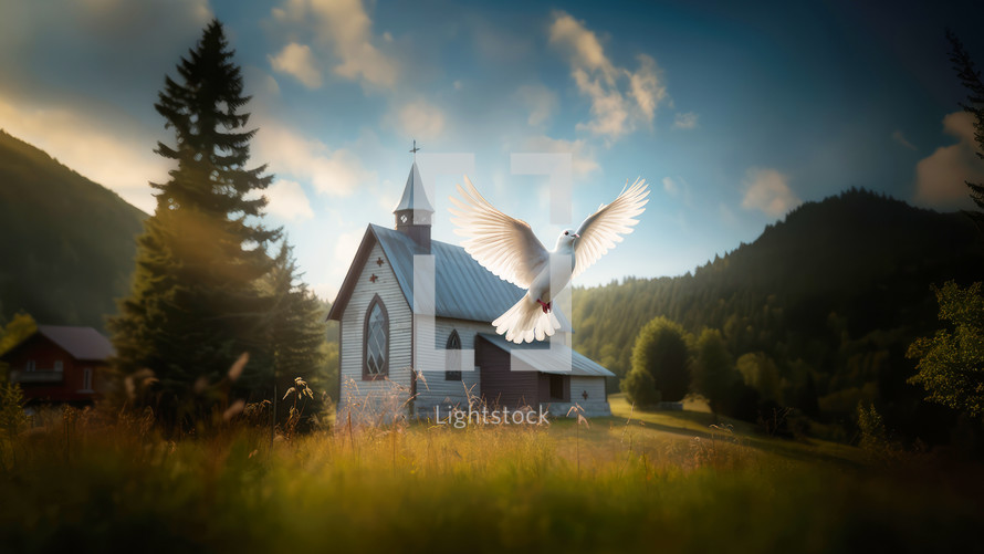 Holy Spirit, winged dove, flying over an old church in the mountains