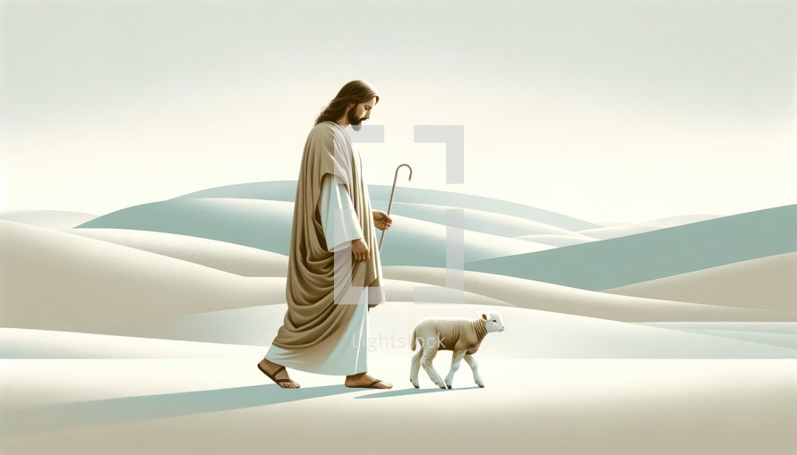 Digital painting of Jesus Christ walking with a lamb in the desert.