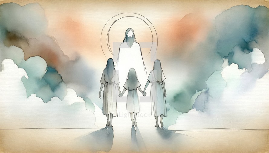  People holding hands and looking at Jesus Christ in the sky. Digital watercolor painting.
