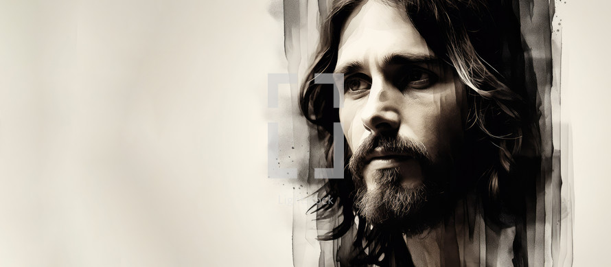 Digital painting of Jesus Christ with grunge effect with copy space