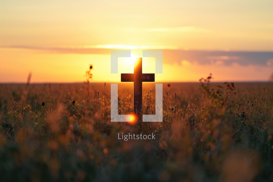 Christian Cross on a field at sunset