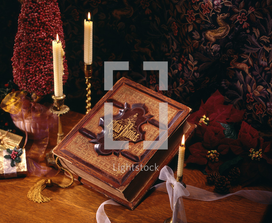 a Christmas scene and the Holy Bible 